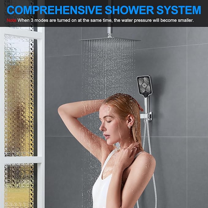 Bathtub Shower Faucet Set with Pressure Balance Valve, 12" Ceiling Mount Shower System with Tub Spout Multi-function Handheld Head Pressure Balancing Push Button Diverter Shower Trim Kit,Chrome
