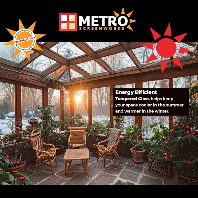 Metro Screenworks Framed Tempered Glass Panel for Porch & Patio Panels, Outdoor Enclosures, (26-1/2" x 6-1/4", Almond) Enclose Your Porch with Tempered Glass Panels - Glass Panel Replacement