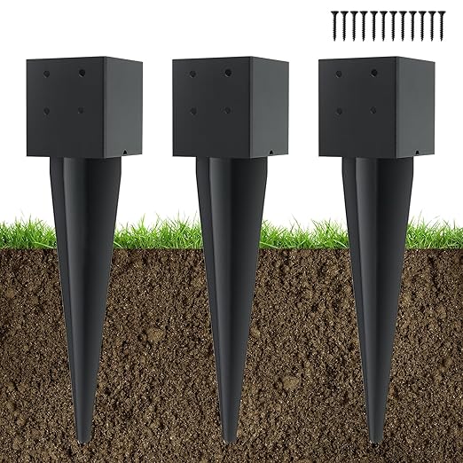 3 Pcs 4"x4" Fence Post Anchor Ground Spike 16"(Actual 3.6"x3.6") Heavy Duty Metal Fence Post Anchor with Black Powder-Coated for Deck,Fence,Porch,Railing,Mailbox