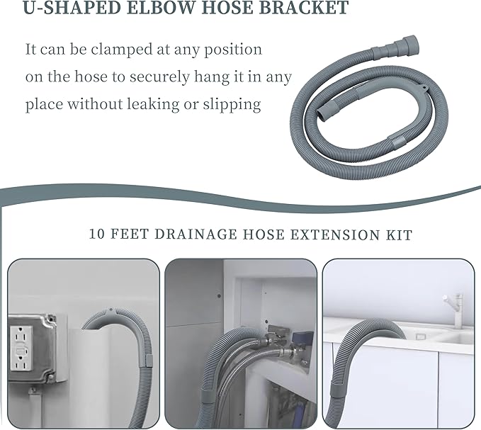 10 Feet Washing Machine Drain Hose, Universal Drain Hose Extension Kit for Washer, Dishwasher, Dehumidifier, Flexible Discharge Hose for LG/GE/Samsung, Fit up to 1-1/2 Inch Drain Outlets