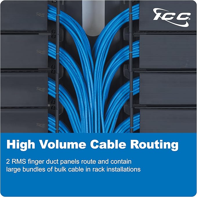 ICC 2U Finger Duct Cable Manager Panel with Cover, Plastic with Metal Back Frame, 3" Depth, Horizontal Cable Management, Rackmount for 19” Network Racks, Black, Single Pack