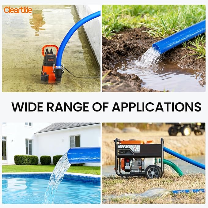 Cleartide Pool Backwash Drain Hose with Camlock Fittings, 1-1/2" x 25ft Heavy Duty Reinforced Blue PVC Lay Flat Discharge Hose for Pump, Pool Drainage, Includes 125F Adapter & Stainless Steel Clamp