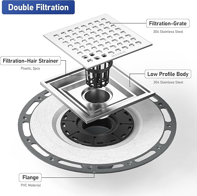 Square Shower Drain, 6" Brushed with PVC Bonding Flange Base 304 Stainless Steel Drain Grate Removable with Stainless Drain Key for Low Profile Shower Tiles, CUPC Certified