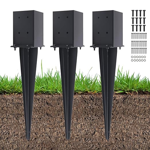 3 Pcs 4"x4" Fence Post Anchor Ground Spike 22"(Actual 3.6"x3.6") Heavy Duty Metal Fence Post Anchor with Black Powder-Coated for Deck,Fence,Porch,Railing,Mailbox