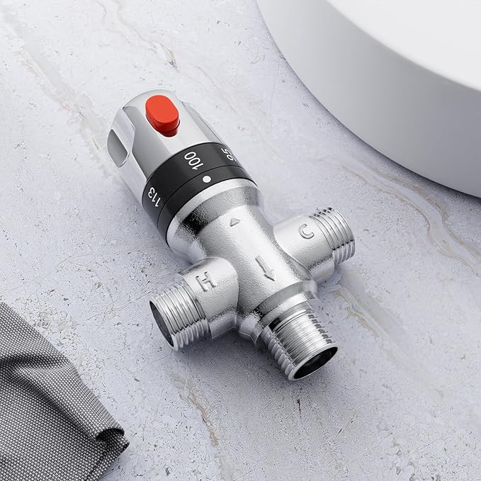 Thermostatic Mixing Valve with 1/2 NPT Male Connection, Water Temperature Constant Control Valve, Fahrenheit Scale Mark, Solid Brass,Grey