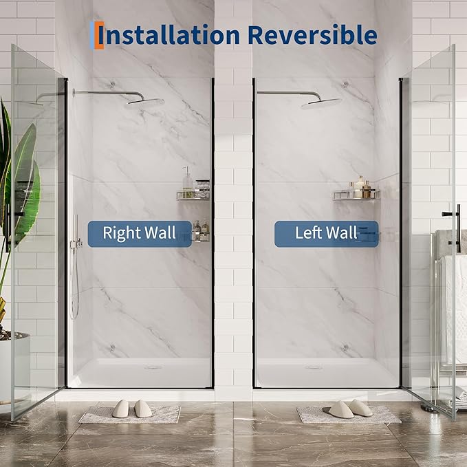Frameless Hinged Shower Door with Pivot - 34 Inch Wide x 72 Inch High, 1/4" (6mm) Clear Tempered Glass, Reversible Inswing or Outswing Door, Easy-Clean Hydrophobic Coating, Matte Black Finish