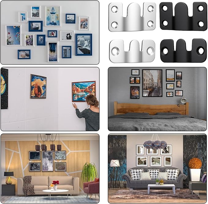 4 Pairs Flush Mount Bracket with Screws Stainless Steel Heavy Duty Photo Frame Hook Furniture Connector Art Gallery Wall Mount Hardware for Hanging Large Picture Display (Silver, Black)