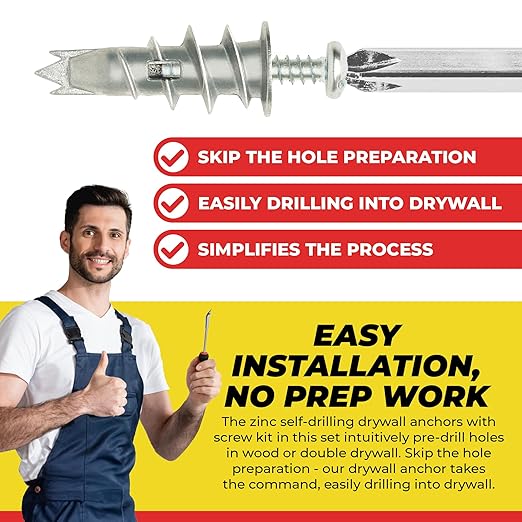 Qualihome Zinc Self Drilling Drywall Anchor Hollow Wall Anchor Kit With Screws - Metal Self Drilling Drywall Anchors With Wide Screw Fins - #8 Zinc Drywall Anchors Heavy Duty (25 Pack)