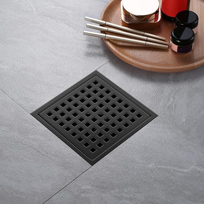 Shower Drain, Matte Black 6 inch Square Shower Floor Drain with Flange, Removeable Grid Panel SUS 304 Stainless Steel Square Shower Drain