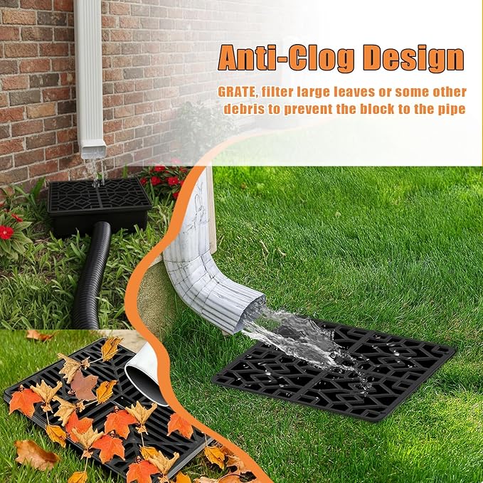Rain Gutter Downspout Extensions with 10×10in Catch Basin, Low-Profile Downspout Extender, Flexible Drainage Pipe Extends to 6.5ft, French Drain Kit & Rainwater Diverter for Foundation Protection
