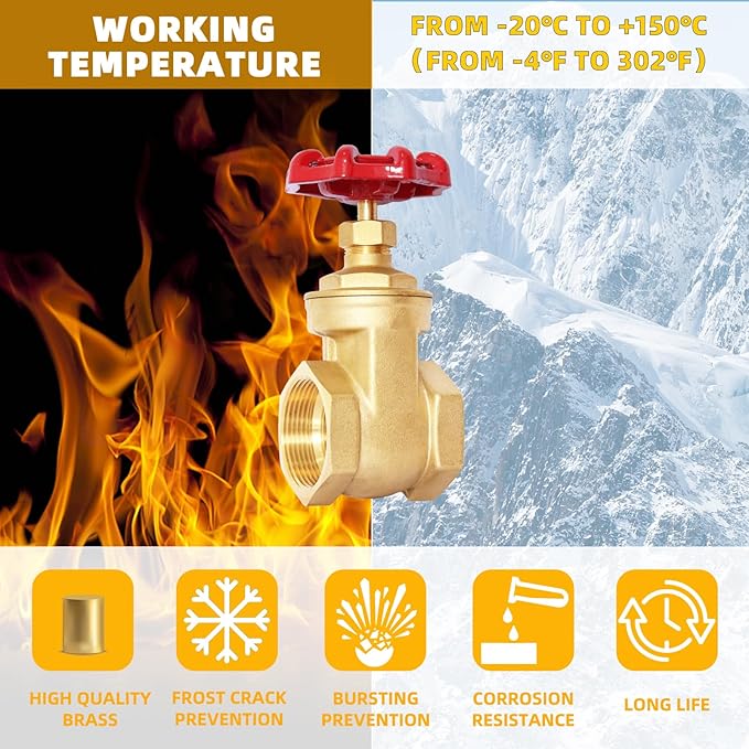 1/2" NPT Brass Gate Valve, Heavy Duty Female x Female Thread Manual Rotary Sluice Valve with Wheel Handle for Water, Oil, Gas, Industrial Plumbing, and HVAC Systems (1/2", DN15)