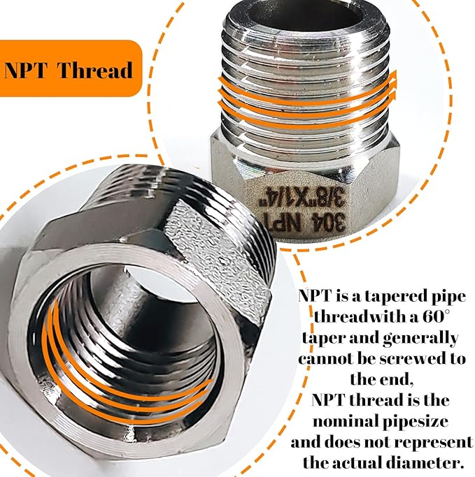 2 Pcs Stainless Steel Bushing 3/8" Male to 1/4" Female, 3/8" to 1/4" NPT Adapter Hex Stainless Steel Reducing Pipe Adapter Fitting Pipe Tube Adapter Convert