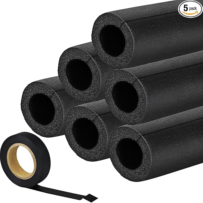 5 Pack Pipe Insulating Foam Tube 1 inch by 6 ft Water Pipe Covers with PVC Tape Pre Slit High Density Rubber Pipe Wrap Foam Tubing - Soft and Bendable - Prevent Outdoor Pipe from Freezing in Winter