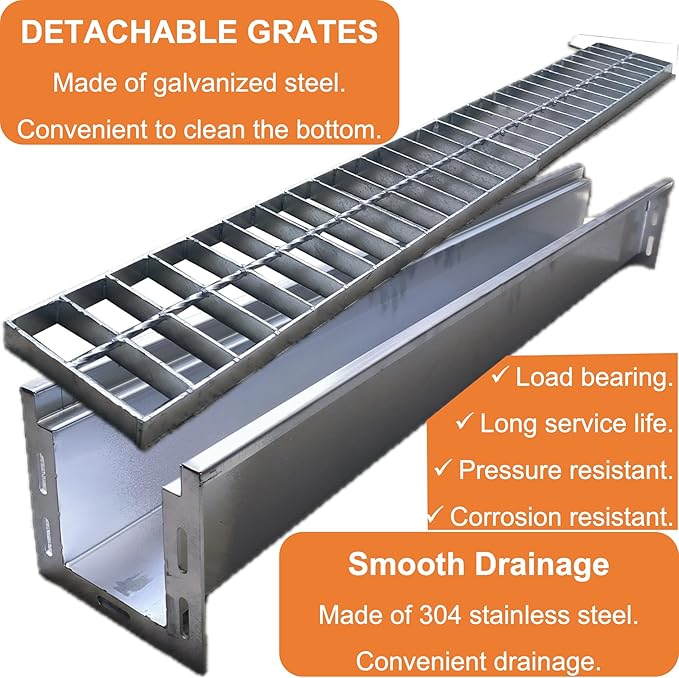 304 Stainless Steel Channel Drain with Galvanized Steel Grate 39.4x5.9x5.5 in, B-Class 28100 lbs Heavy-Duty Drain Kit for 3" Pipe, Trench Drainage System for Outdoor, Driveway, Garage, Yard