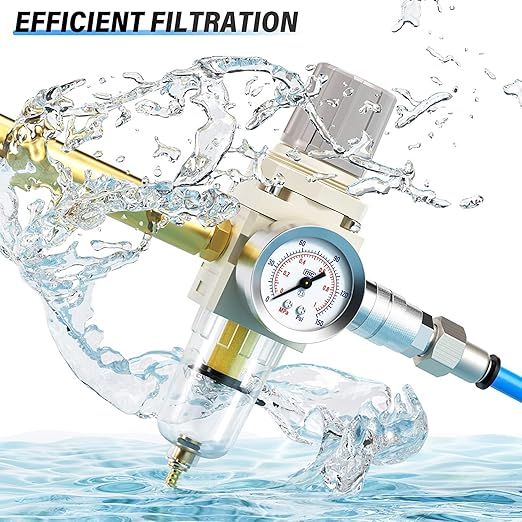 TAILONZ PNEUMATIC 1/4 Inch NPT Air Filter Pressure Regulator Combo Piggyback, 5 Micron Brass Element Air Tool Compressor Filter with Gauge AW2000-02,with Red Handle Ball Valve