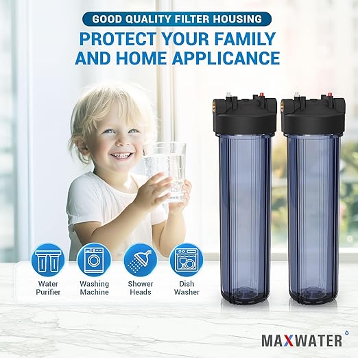 Max Water 20" x 4.5" Whole House Water Filter Housing – Fits Standard Large Blue Filters – 1 inch Inlet/Outlet Ports with Pressure Gauge Wrench and Bracket (2 Housing + 2 Pressure Gauge)