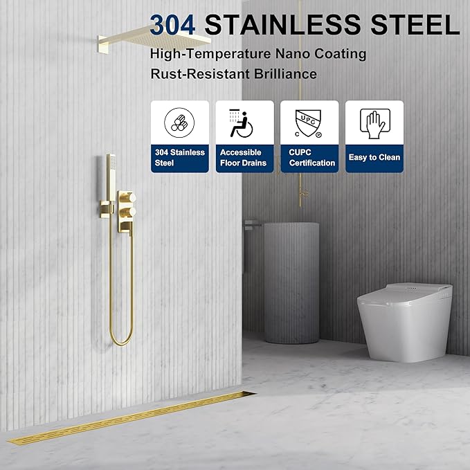 Neodrain 24-in Brushed Brass Rectangular Linear Shower Drain with Brick Pattern Grate, 304 Stainless Steel Bathroom Floor Drain, Gold Linear Drain with Hair Strainer,CUPC Certified
