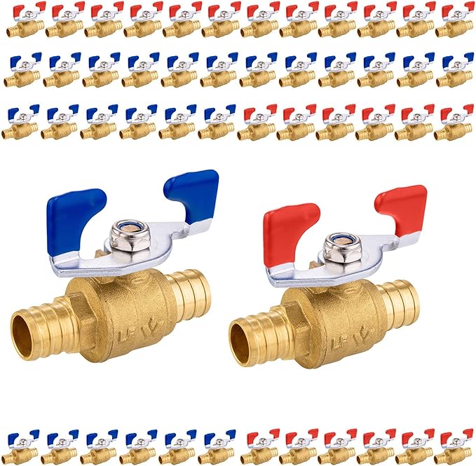 50PCS Foskan 3/4" PEX Crimp Ball Valve, Brass Full Port Shut-off Valve with Blue/Red Butterfly Handle for Portable Water Poject