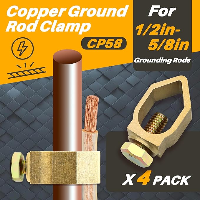 4-Pack Copper Grounding Rod Clamp, Grounding Wire Clamp Great for 1/2”- 5/8’’ Grounding Rods, High-Quality Copper Grounding Clips
