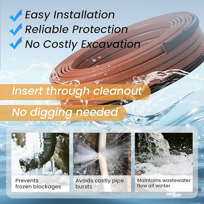 10 FT Inside Drain Pipe Heating Cable for Sewer and Waste Pipe, Self-Regulating In Pipe Heater Cable with GFCI, Submersible Heat Trace for Sewage Sump Septic Systems, CSA 5 W/FT 120 V