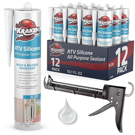 Kraken Bond Clear Silicone Sealant Waterproof% 100-10 fl oz Cartridge - RTV Silicone Caulk Kitchen and Bathroom, All Purpose, Window Caulking Sealant Outdoor Exterior Use Silicon, Gun Incl - 12 Pack