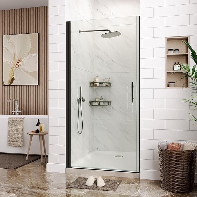 Frameless Pivot Shower Door, 34" W x 72" H, 1/4 Inch Clear Tempered Glass, Reversible Inswing or Outswing, Easy-Clean Coating, Matte Black Finish