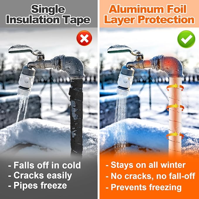 PAMASE 32.8ft Pipe Insulation Tape Wrap - Outdoor Winter Cold Hot Water Pipe Winterizing Self-Adhesive Foam with Aluminum Foil, Heat Preservation Reduce Heat Loss, 2" Wide