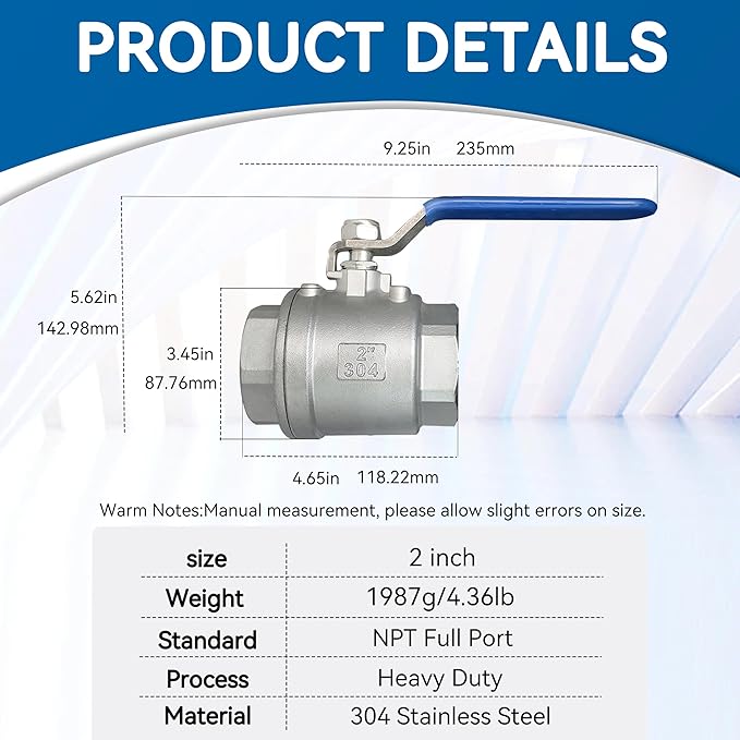 Full Port Ball Valve Stainless Steel 304 2-Piece Female Heavy Duty WOG1000 for Water，Oil，Gas with Locking Devic (2", 1)