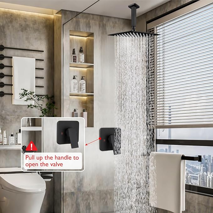 Heyalan Shower Faucet Set Square Stainless Steel Bathroom Rainfall Shower System One Handle Single Function Shower Trim Kit with Rough-in Valve Male Thread,Ceiling Mount,10 Inch,Matte Black