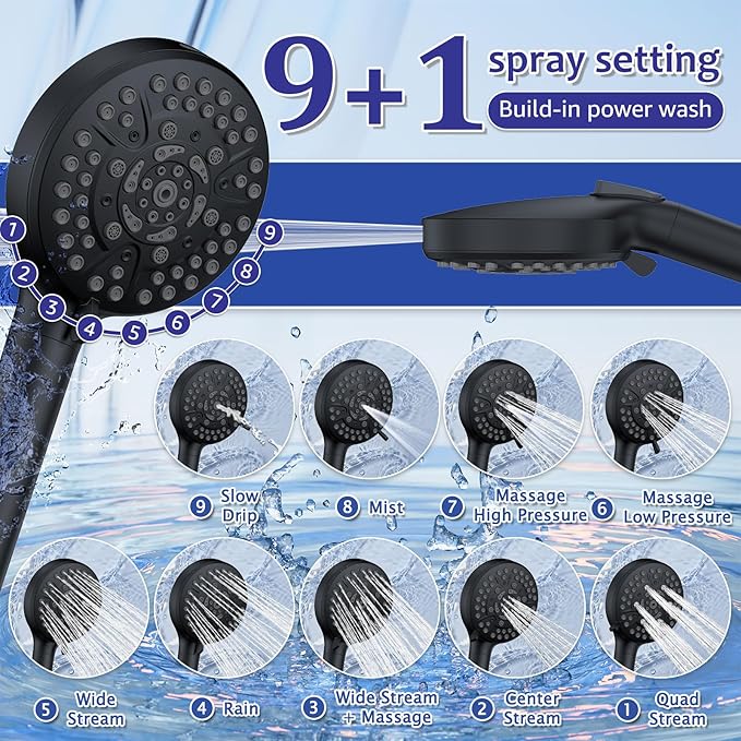 Iriber Mattle Black Round Rain Shower System Faucet Set，Filtered Shower Head with Handheld, Modern Bathroom 9 Spray Mode Showerhead with Filters,Shower Valve Trim Kit Contain Cartridge,10 Inch