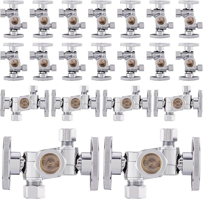 (Pack of 20) EFIELD 1/4-Turn Dual Compression Outlet Angle Stop Valve with 2 Shut Off Valve/Handles, 1/2" NOM (5/8" OD) x (3/8 inch x 1/4 inch) Chrome For Faucet Toilet,(VALVE137-20PCS)