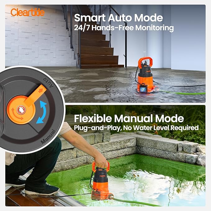 Cleartide Submersible Sump Pump, Smart Water Sensor Auto On/Off, Manual/Auto Mode, 1/3HP 2790GPH Multi-Use Utility Water Pump for Pool/Basement/Garden Drainage