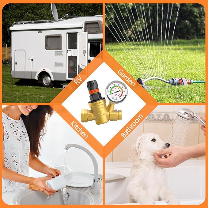 RV Water Pressure Regulator, Handle Adjustable Knob No Tool Required Pressure Regulator,Brass Lead-Free Water Pressure Reducer with Gauge for RV Camper Travel Trailer,Suitable for NH Thread