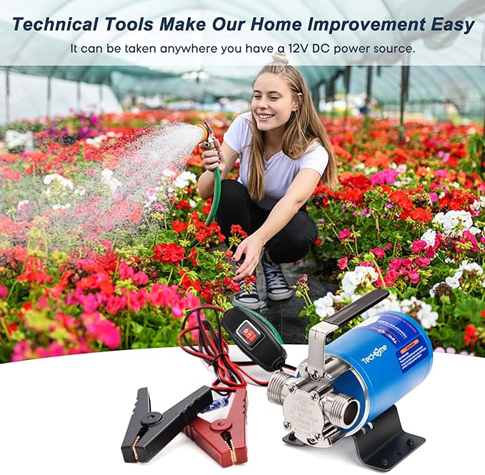 12V Portable Electric Utility Water Transfer Pump, with ON/OFF Switch and Suction Hose Kit.