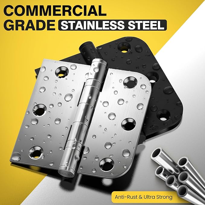 KOLET Ball Bearing Door Hinges, 3.5 x 3.5 Inches Exterior Door Hinges, Heavy Duty Stainless Steel Hinges, Square and 5/8'' Radius Corner, Smooth and Quiet, Non Removable Pin, Brushed Nickel, 6 Pack