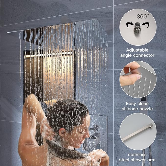 BWE 12 Inch Shower System Brushed Nickel with Waterfall Tub Spout Complete Set Square Luxury Rain Shower Faucet Set Pressure Balancing 3-Function Wall Mount Rough-in Valve Body and Trim Included