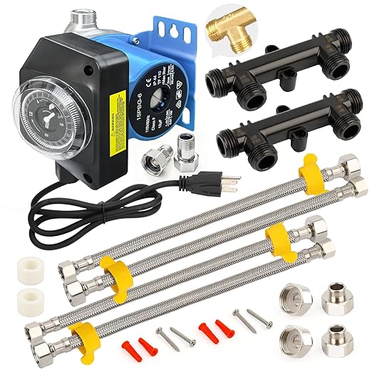 Instant Hot Water Recirculating Pump Replacement Kit for Tank Water Heater, House Circulation Pump w/Programmable Timer, 2 Brass Sensor Valves (595926), 4 Lines & Adapters, Replaces 0955805 & 595916
