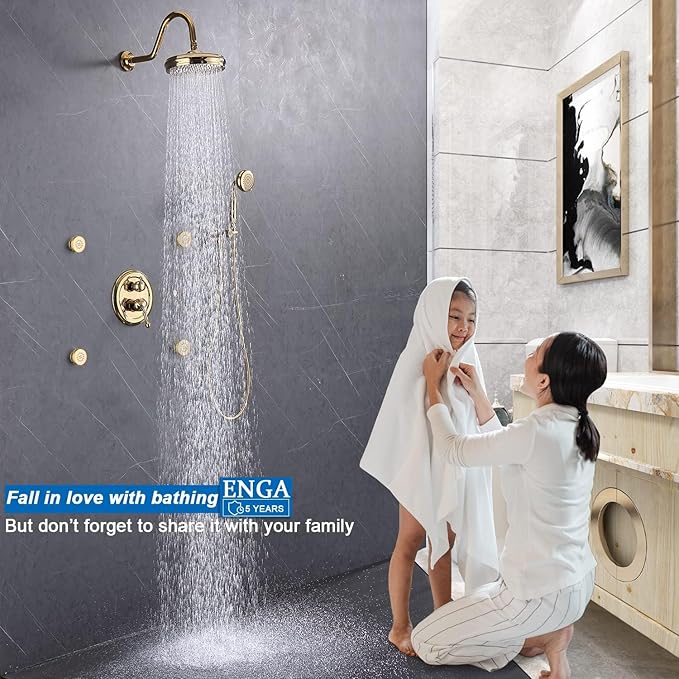 Enga Antique Shower Faucet Sets 8 inch Rainfall Head with Body Jets Handheld Spray Fixtures Combo, Brass 3 Way Diverter Rough in Valve Trim Kit, Bright Gold