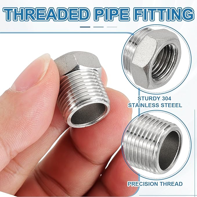 PATIKIL 304 Stainless Steel Reducer Hex Bushing 4 Pcs, 3/8" BSPT Male to 1/4" BSPT Female Pipe Reducing Adapter Fitting Connector for Water Gas Hydraulic Pipes Shower Hose, Silver