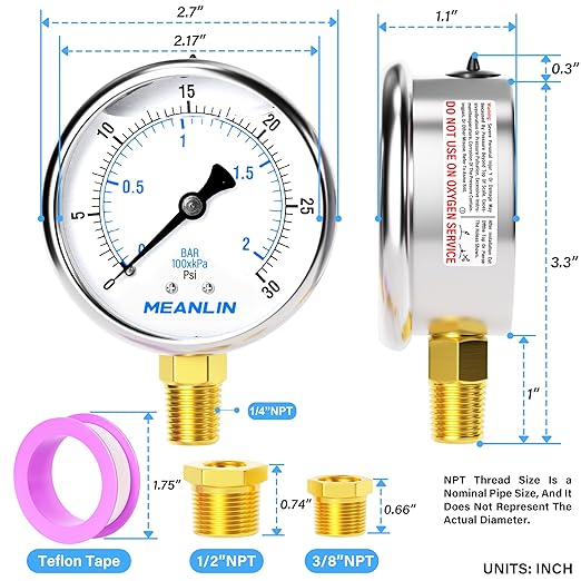 MEANLIN MEASURE 0~30Psi Stainless Steel 1/4" NPT 2.5" FACE DIAL Liquid Filled Pressure Gauge WOG Water Oil Air Lower Mount, with 1/4" x 1/2" NPT and 1/4" x 3/8" NPT Hex Bushing