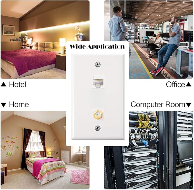 Weewooday 8 Pieces Cat 6 Ethernet Wall Plates, Cat 6 Coax Wall Plate with Ethernet Port and Gold-Plated TV Coax F-Type Port (White)