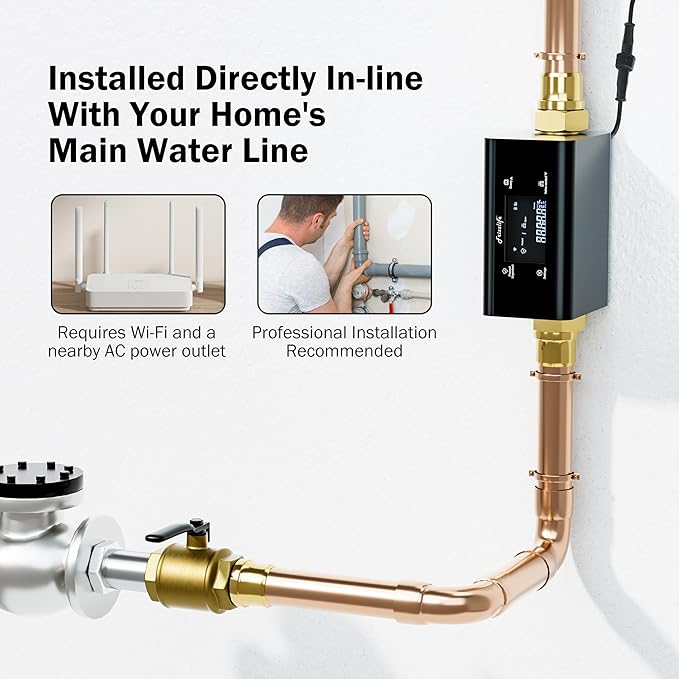 Frizzlife LP365 1.25-Inch Smart Water Monitor and Automatic Shutoff - 0.01GPM Ultrasonic Micro Leak Detection, APP Wi-Fi Remote Control, Real-Time Flow/Temp Monitoring, for 1-1/4-Inch Diameter Pipe