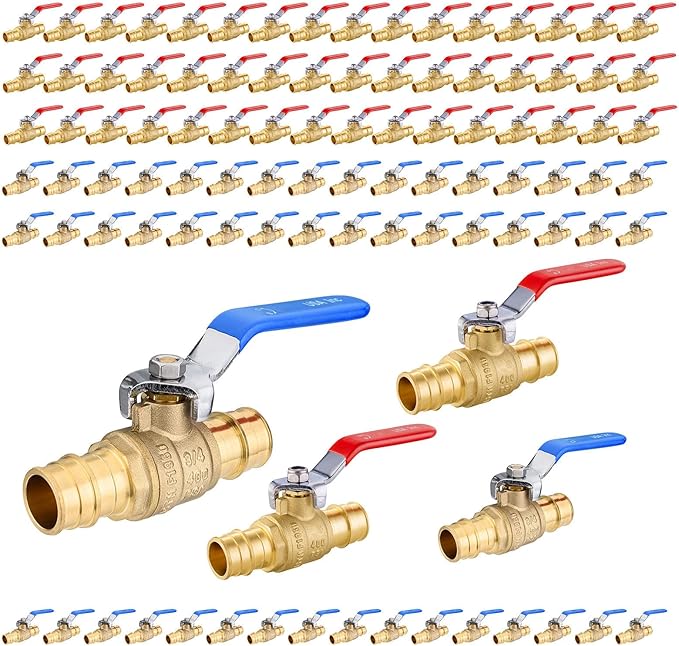 100-Pack Foskan 3/4" Brass PEX-A Full Port Ball Valve, Quarter Turn Shut-off Valve for PEX-A Tubing(Blue and Red)