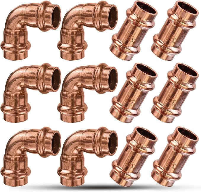 Copper Press Fittings 1/2inch Copper Coupling with Stop&Copper 90 degree Elbow with 1/2 Inch PxP, 1/2” 6PKPress Fittings Coupling with Stop+6PK 90 Degree Elbow,OD 5/8",Use with Hydraulic Press Fitting