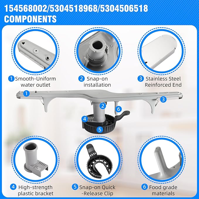 154568002 Dishwasher Lower Wash Arm and 5304518968 Dishwasher Lower Spray Arm and 5304506518 Trap Drain Filter Support for Frigidaire Electrolux 1545680 5304517203 154568001 154414101 154568002 (Grey)