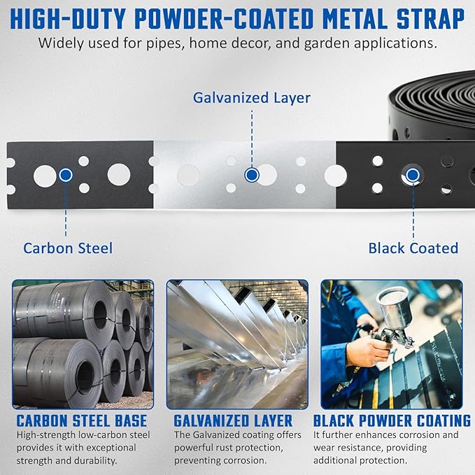 Black 1 Inch x 50FT Metal Strapping with Holes 0.03" Thick Galvanized Metal Pipe Hanger Strap for Plumbing, HVAC and Duct Support