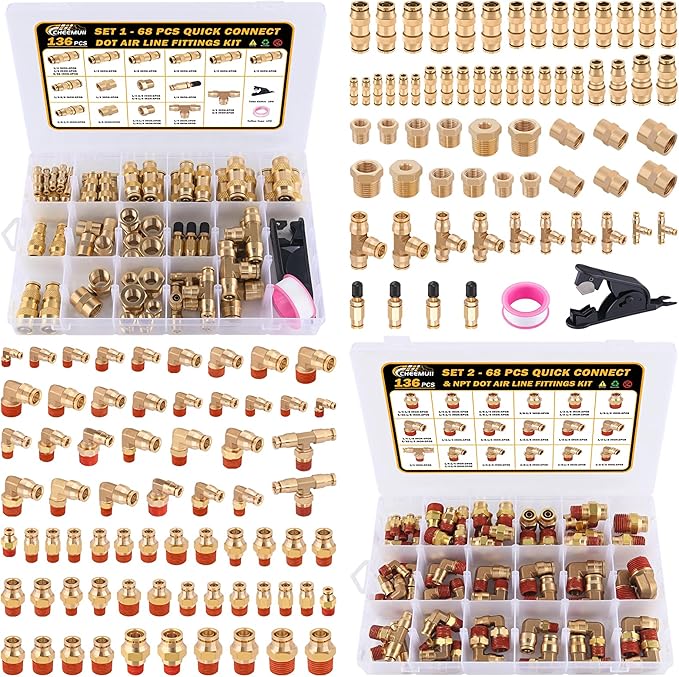 CheeMuii 136 PCS Brass DOT Air Line Fittings Kit Push Lock DOT Air Fittings Push to Connect Fittings 1/8" 1/4" 3/8" 1/2" Quick Connect Air Hose Fittings Assortment for Air Line Air Hose