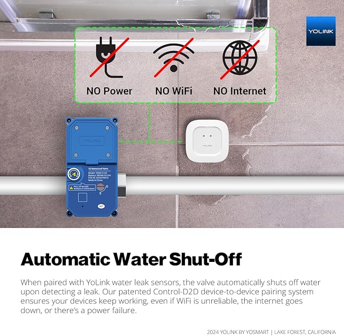 NSF Certified YoLink Leak Protection Kit, 1/2" Battery-Powered Shutoff Valve w/ Controller + 3 Leak Sensors + Hub, D2D Offline Auto Shutoff, LoRa Long-Range, App/Email/SMS Alerts, 10+ Year Battery