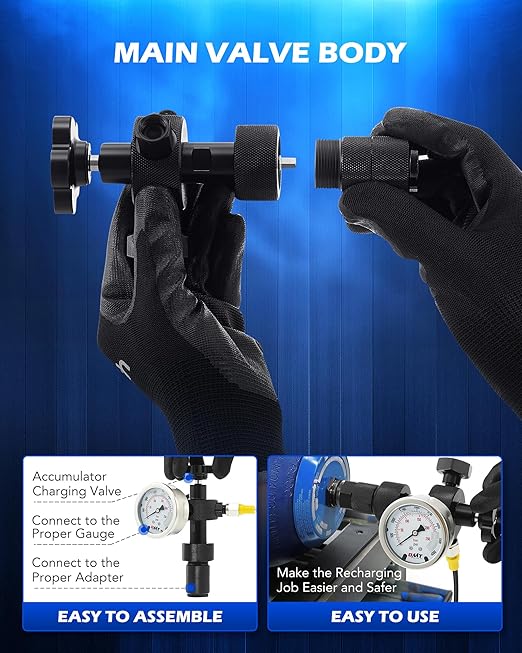Orion Motor Tech Hydraulic Nitrogen Accumulator Charging Kit, Nitrogen Fill Kit with 3 Gauges 1300 3500 5500 psi, 6 Adapters, Gas Hose & Main Valve Body, hydraulic pressure test kit, Gas Charging Tool