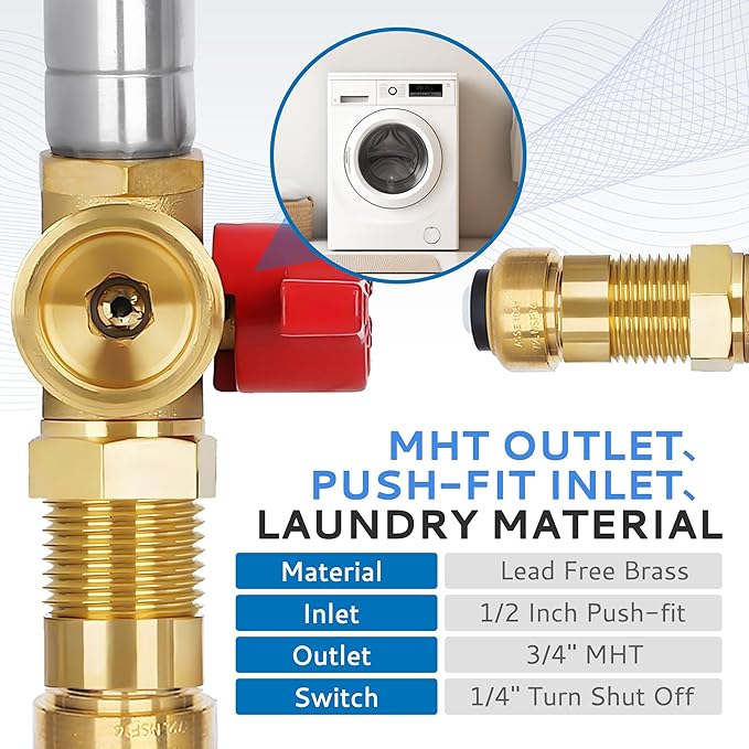 Premium Washing Machine Outlet Box, with Stainless Steel Water Hammer Arrestor, 1/2" Push-Fit x 3/4" MHT, Laundry Washer Valve Outlet Box with Clear Text Instructions